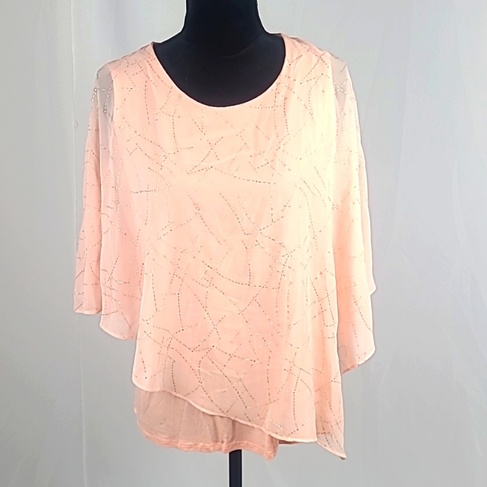 JM Collection women L geo‎ savvy sheer over lay tank top peach artsy